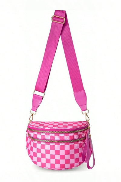 Women's Checkered Pink Crescent Crossbody Bag with Wide Adjustable Strap