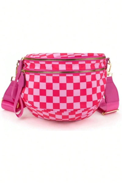 Women's Checkered Pink Crescent Crossbody Bag with Wide Adjustable Strap