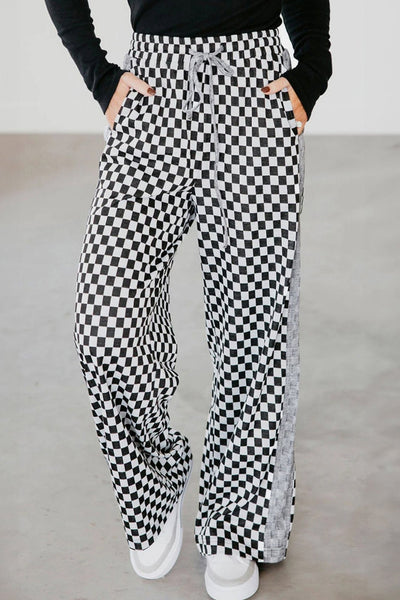 Women's Checkered Wide-Leg Drawstring Lounge Pants