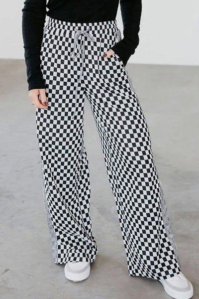 Women's Checkered Wide-Leg Drawstring Lounge Pants