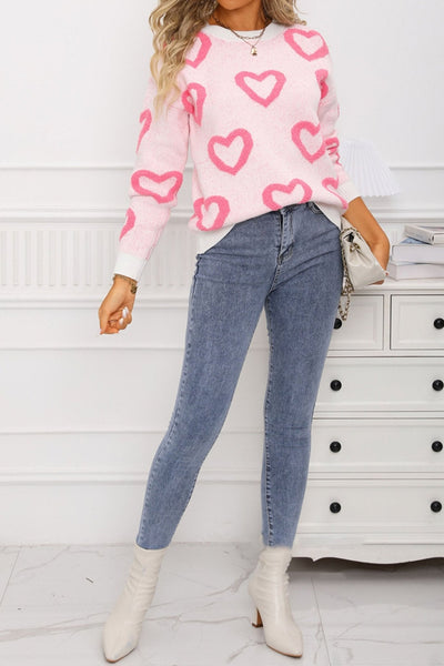 Women's Chenille Heart Intarsia Knit Sweater in Soft Blush