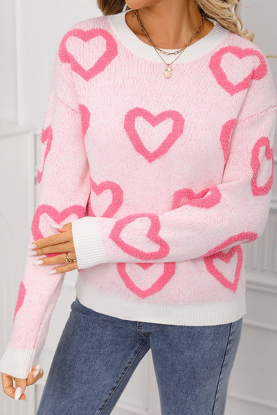 Women's Chenille Heart Intarsia Knit Sweater in Soft Blush