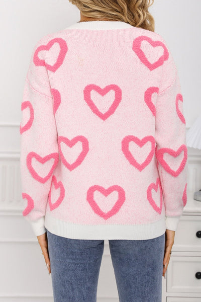 Women's Chenille Heart Intarsia Knit Sweater in Soft Blush