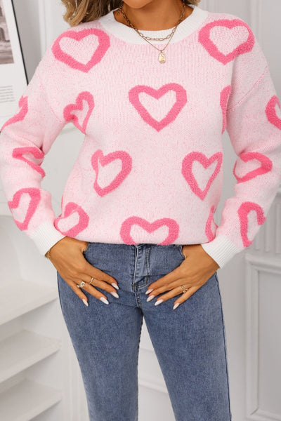 Women's Chenille Heart Intarsia Knit Sweater in Soft Blush