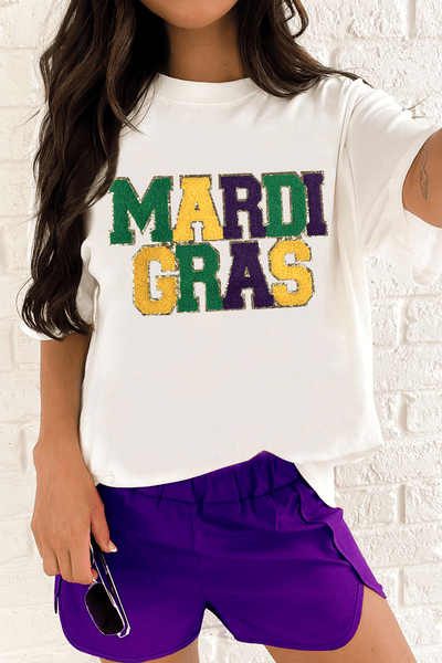 Women's Chenille Mardi Gras Graphic Tee with Glitter Trim