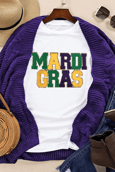 Women's Chenille Mardi Gras Graphic Tee with Glitter Trim
