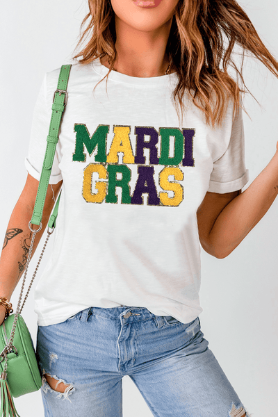 Women's Chenille Mardi Gras Graphic Tee with Glitter Trim