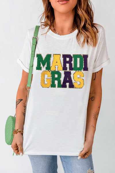 Women's Chenille Mardi Gras Graphic Tee with Glitter Trim