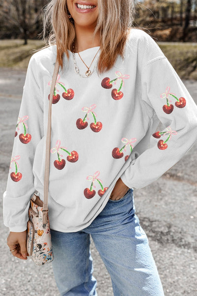 Women's Cherry Sequin Graphic Ribbed Sweatshirt in Crisp White