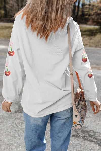 Women's Cherry Sequin Graphic Ribbed Sweatshirt in Crisp White