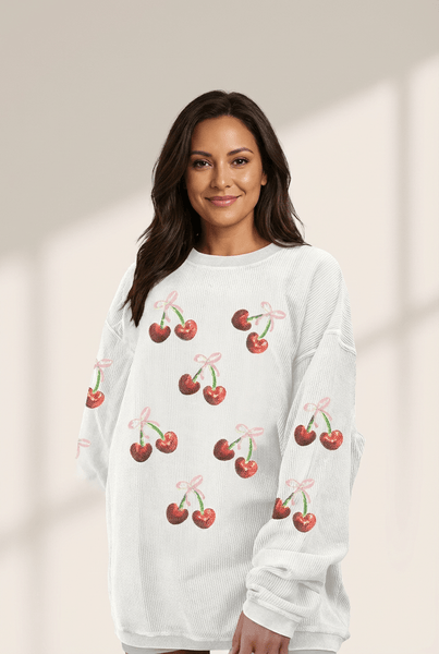 Women's Cherry Sequin Graphic Ribbed Sweatshirt in Crisp White