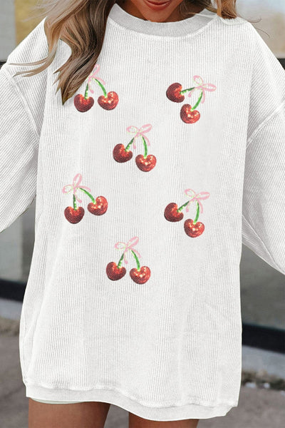 Women's Cherry Sequin Graphic Ribbed Sweatshirt in Crisp White