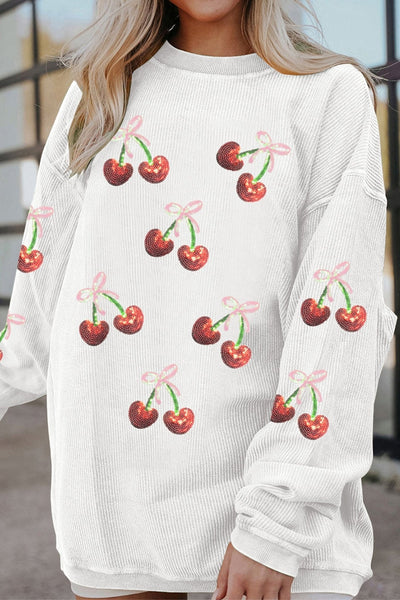 Women's Cherry Sequin Graphic Ribbed Sweatshirt in Crisp White