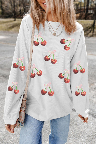 Women's Cherry Sequin Graphic Ribbed Sweatshirt in Crisp White
