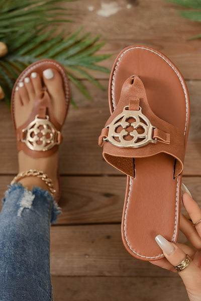 Women's Chestnut Faux Leather Thong Sandals with Gold Medallion