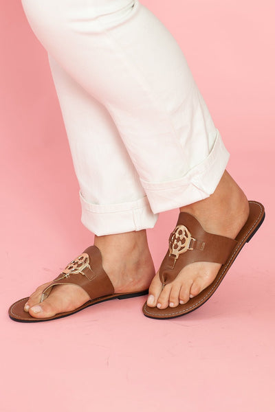 Women's Chestnut Faux Leather Thong Sandals with Gold Medallion