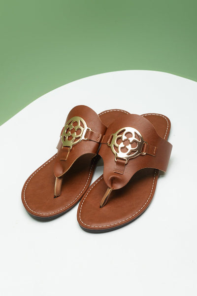 Women's Chestnut Faux Leather Thong Sandals with Gold Medallion