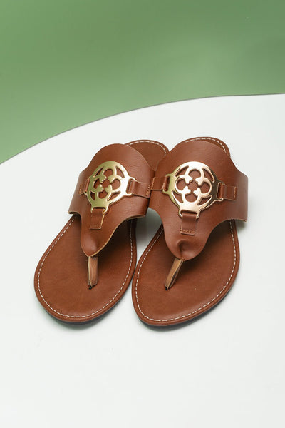 Women's Chestnut Faux Leather Thong Sandals with Gold Medallion