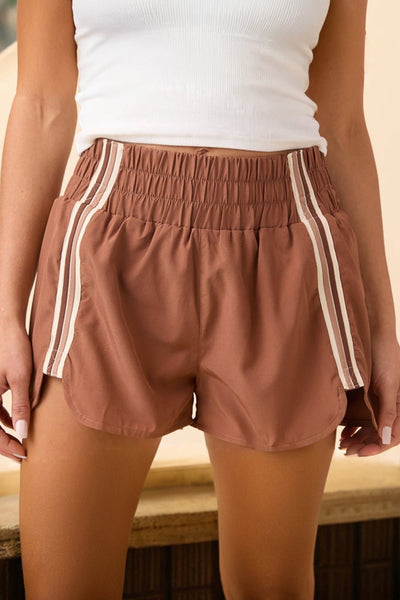 Women's Chestnut Smocked Athleisure Shorts with Varsity Stripes