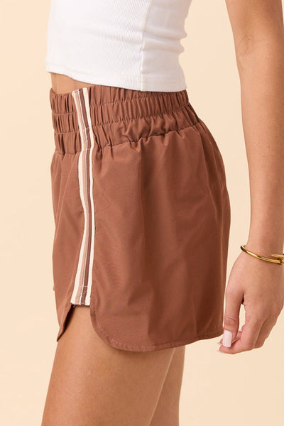Women's Chestnut Smocked Athleisure Shorts with Varsity Stripes
