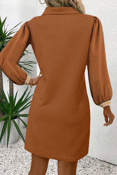 Women's Chestnut Textured Shift Mini Dress with Contrast Trim