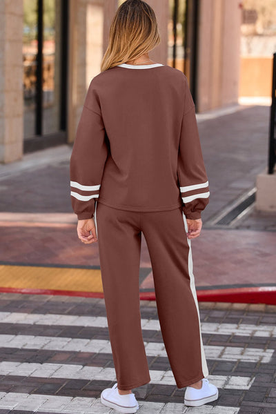 Women's Chestnut Varsity Stripe Puff Sleeve Pullover and Wide Leg Pant Set with practical styling and dependable silhouette control.