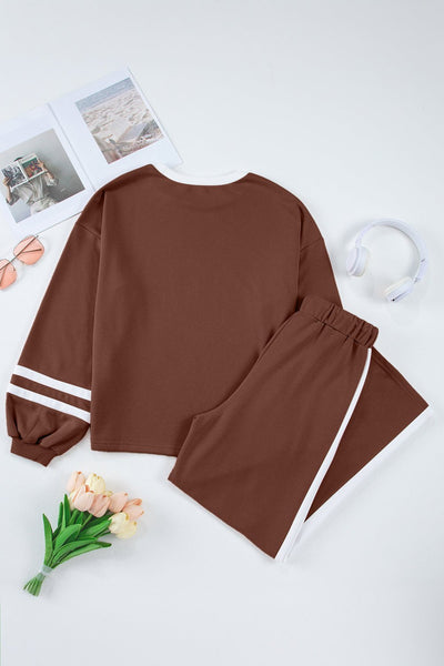 Women's Chestnut Varsity Stripe Puff Sleeve Pullover and Wide Leg Pant Set with practical styling and dependable silhouette control.