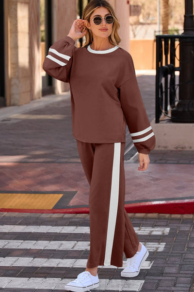 Women's Chestnut Varsity Stripe Puff Sleeve Pullover and Wide Leg Pant Set with practical styling and dependable silhouette control.