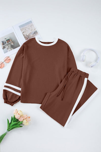 Women's Chestnut Varsity Stripe Puff Sleeve Pullover and Wide Leg Pant Set with practical styling and dependable silhouette control.