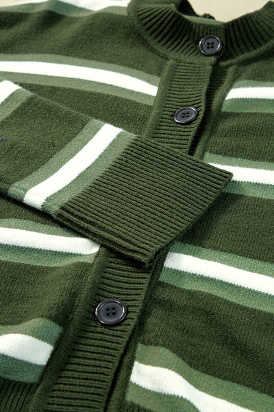 Women's Chic Women's Green Striped Drop Shoulder Cardigan Sweater with Buttons - Cozy Casual Layer for Effortless Style