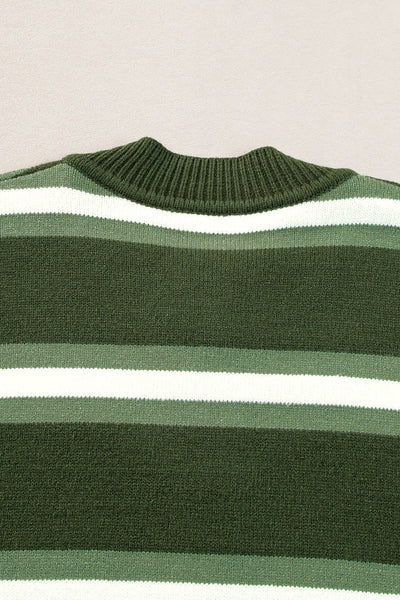 Women's Chic Women's Green Striped Drop Shoulder Cardigan Sweater with Buttons - Cozy Casual Layer for Effortless Style