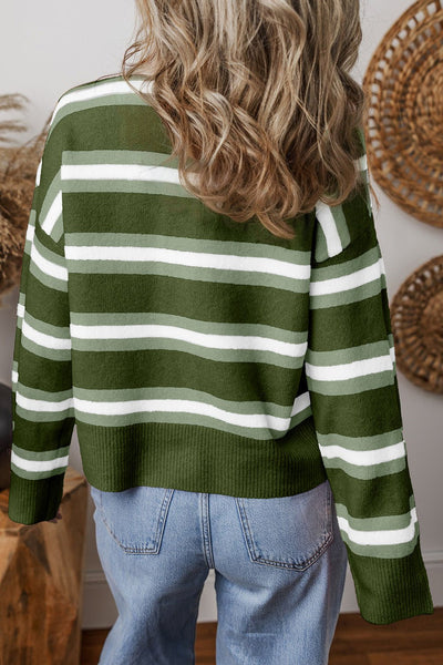 Women's Chic Women's Green Striped Drop Shoulder Cardigan Sweater with Buttons - Cozy Casual Layer for Effortless Style