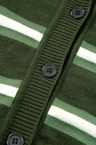 Women's Chic Women's Green Striped Drop Shoulder Cardigan Sweater with Buttons - Cozy Casual Layer for Effortless Style