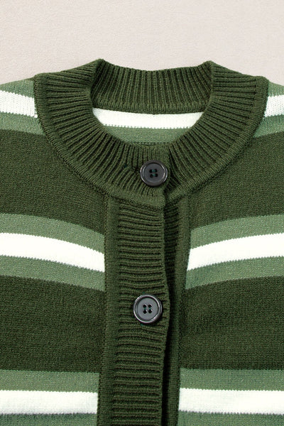 Women's Chic Women's Green Striped Drop Shoulder Cardigan Sweater with Buttons - Cozy Casual Layer for Effortless Style