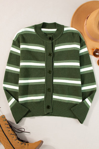 Women's Chic Women's Green Striped Drop Shoulder Cardigan Sweater with Buttons - Cozy Casual Layer for Effortless Style