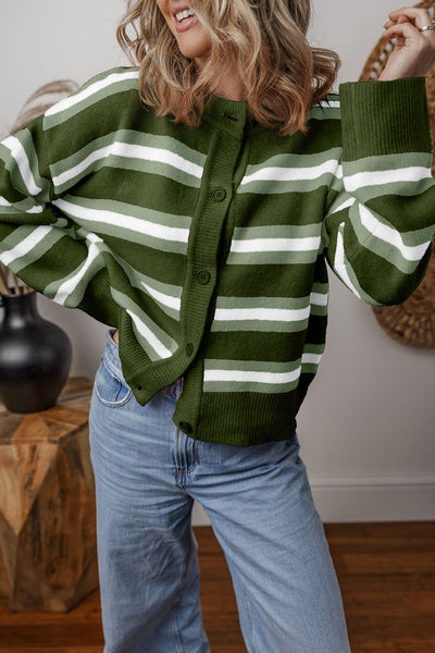 Women's Chic Women's Green Striped Drop Shoulder Cardigan Sweater with Buttons - Cozy Casual Layer for Effortless Style