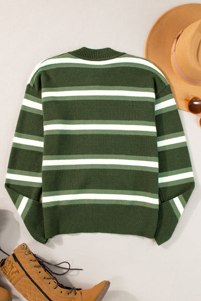 Women's Chic Women's Green Striped Drop Shoulder Cardigan Sweater with Buttons - Cozy Casual Layer for Effortless Style