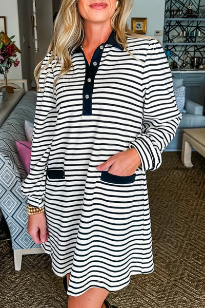 Women's Classic Striped Long Sleeve Polo Shift Dress with Pockets