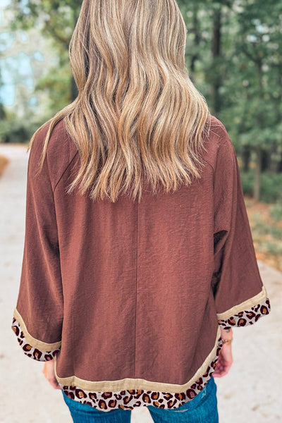 Women's Clay Brown Bracelet Sleeve Blouse with Leopard Print Hem