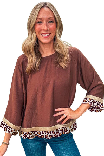 Women's Clay Brown Bracelet Sleeve Blouse with Leopard Print Hem