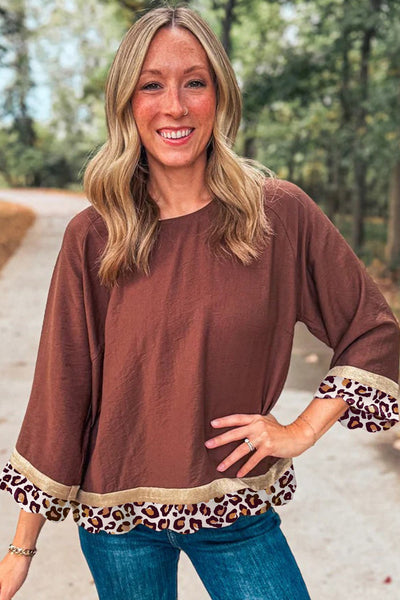 Women's Clay Brown Bracelet Sleeve Blouse with Leopard Print Hem