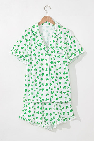 Women's Clover Print Short Sleeve Pajama Set with Ruffles