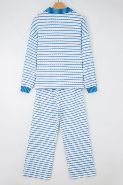 Women's Coastal Stripe V-Neck Polo Pullover and Wide-Leg Pant Set with practical styling and dependable silhouette control.
