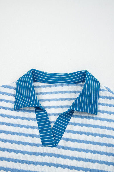 Women's Coastal Stripe V-Neck Polo Pullover and Wide-Leg Pant Set with practical styling and dependable silhouette control.