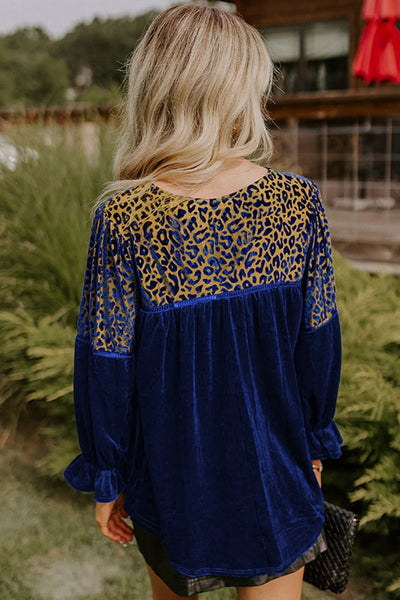 Women's Cobalt Blue Velvet Leopard Patchwork Blouse