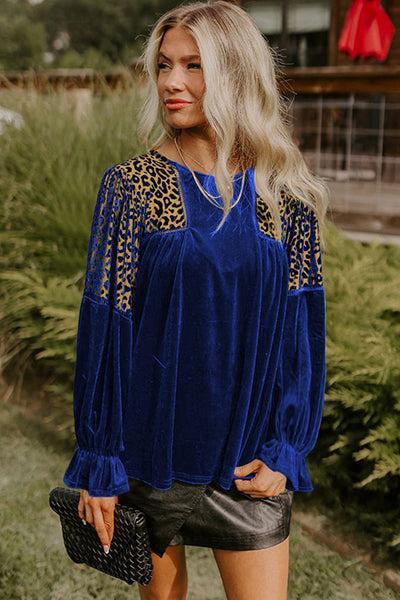 Women's Cobalt Blue Velvet Leopard Patchwork Blouse