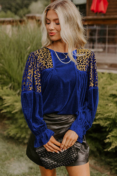 Women's Cobalt Blue Velvet Leopard Patchwork Blouse