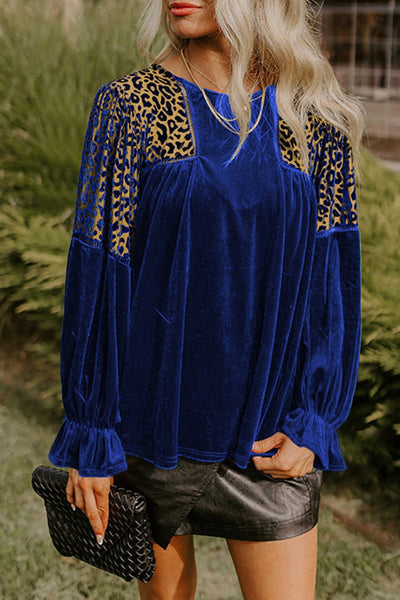 Women's Cobalt Blue Velvet Leopard Patchwork Blouse