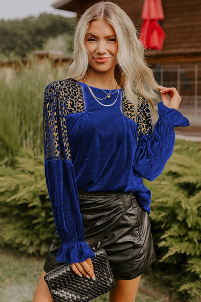 Women's Cobalt Blue Velvet Leopard Patchwork Blouse