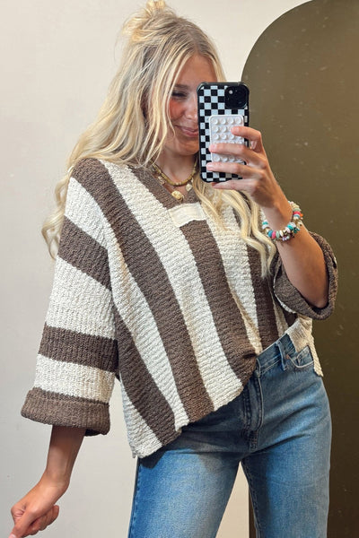 Women's Cocoa Brown Vertical Stripe Bracelet Sleeve Knit Sweater